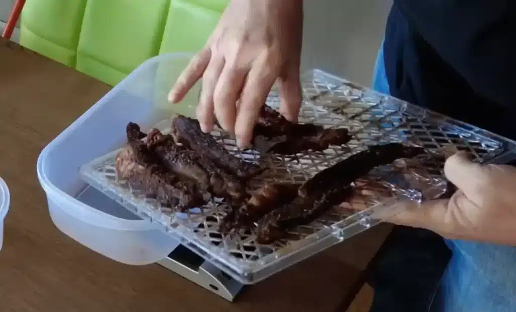 A person placing homemade biltong from a drying rack into a plastic container. Perfect for a DIY biltong guide.